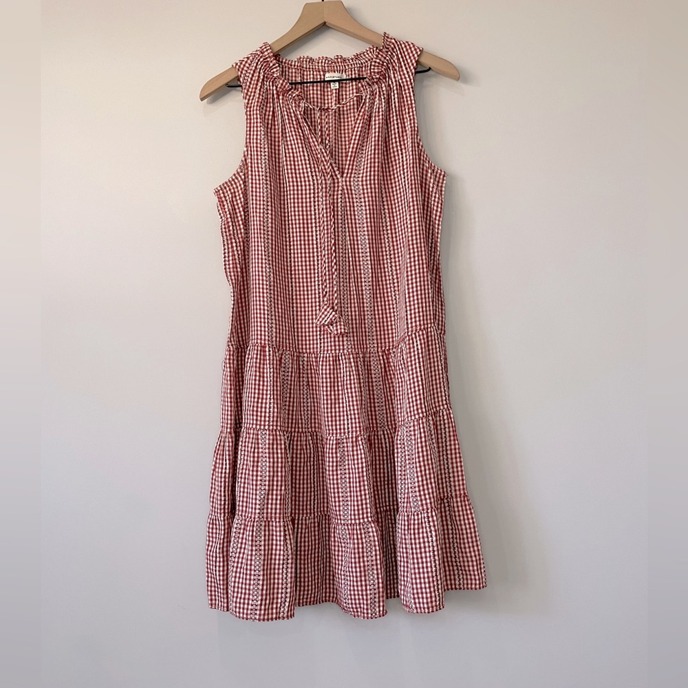 Max Studio Gingham tiered sleeveless red cream midi dress medium - Picture 2 of 12